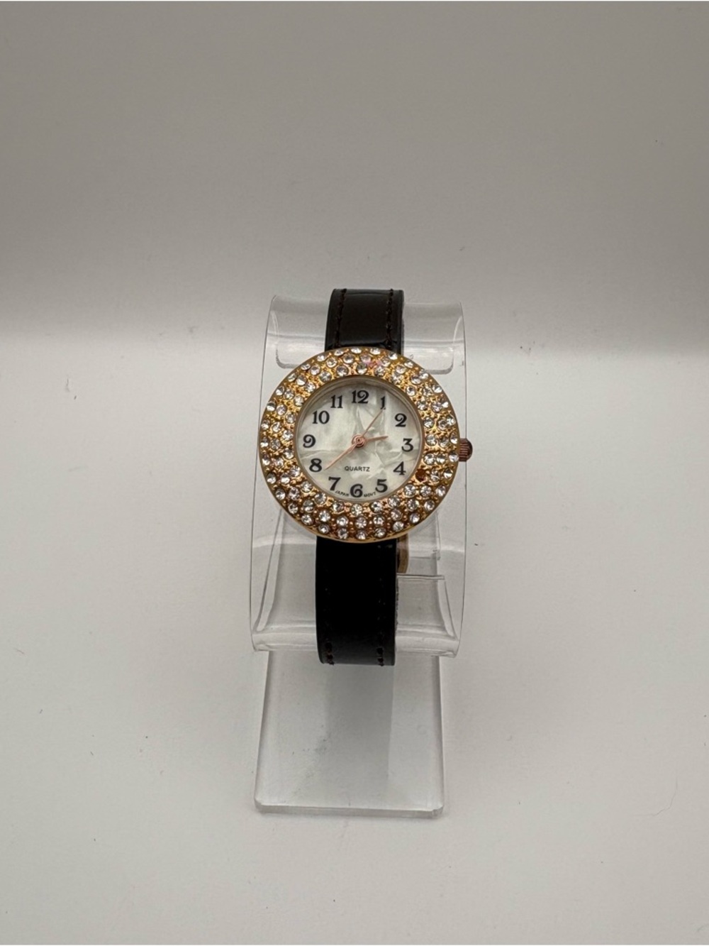 Gold & Crystal Bezel Black Strap Mother of Pearl Dial Quartz Watch‎